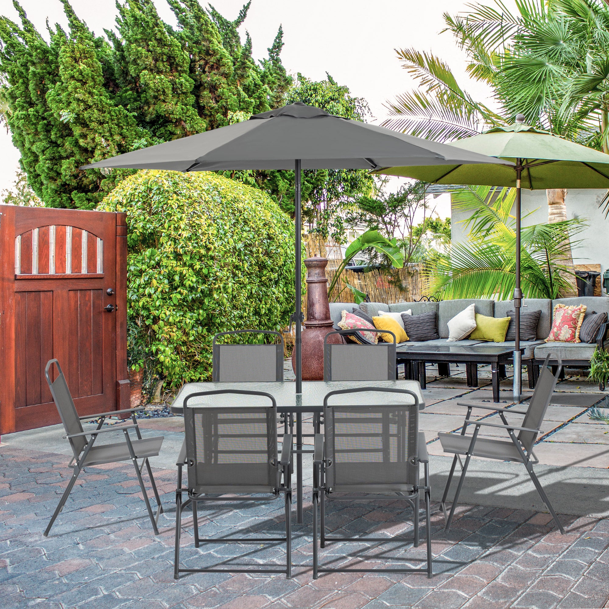 Set Giardino 4 Pezzi Costway - Tavolo In Vetro, 2 Sedie Pieghevoli E Ombrellone, Per Esterni