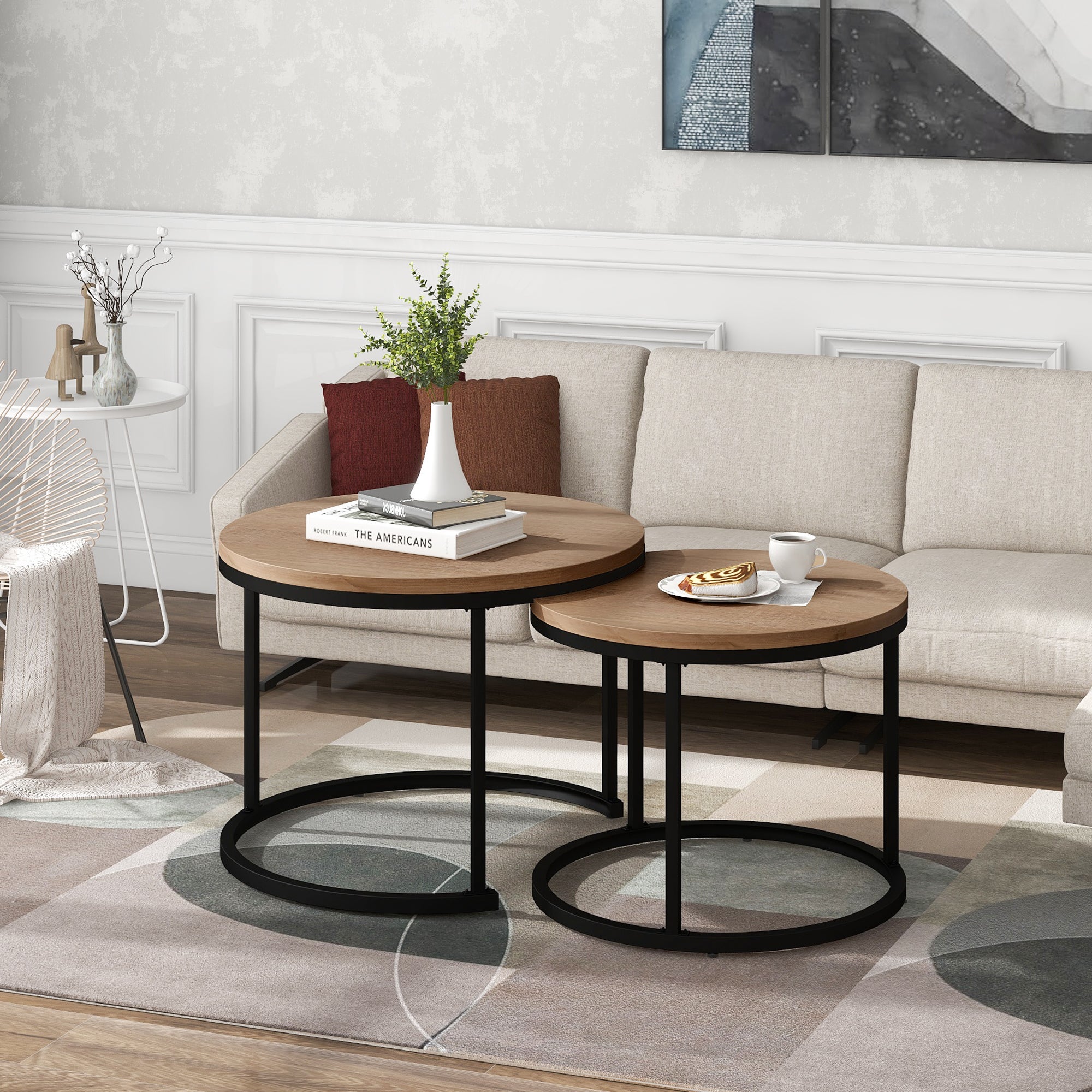 Lot de 2 tables basses gigognes, table d'appoint - bois MDF et pièds en métal - coloris chêne - 2