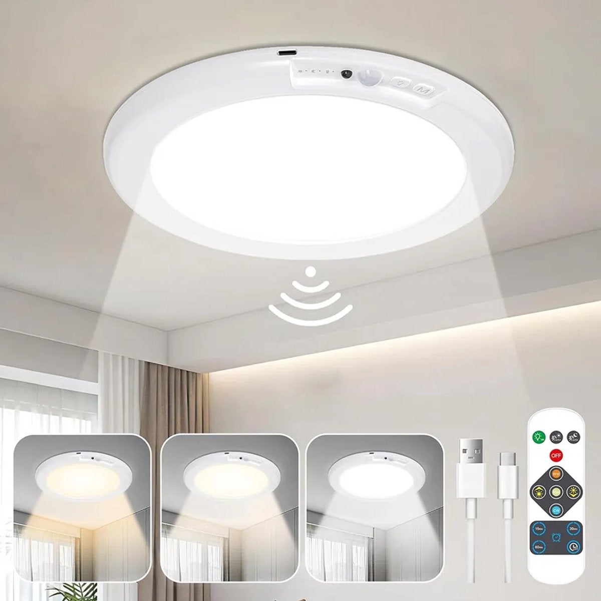Lampă de tavan LED reîncărcabilă cu detector de mișcare și telecomandă, 3 temperaturi de culoare, reglabilă intensitatea luminii