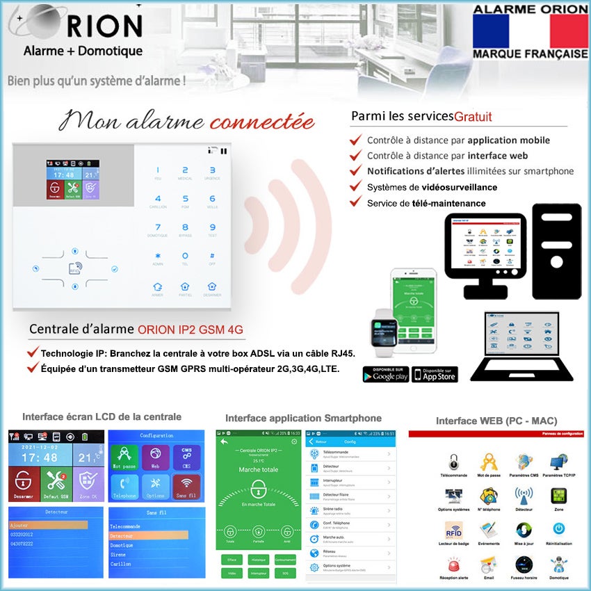 alarme maison sans fil connectée ORION IP + GSM 4G - 18 eléments - pour maison 4 à 6 pieces. - 8
