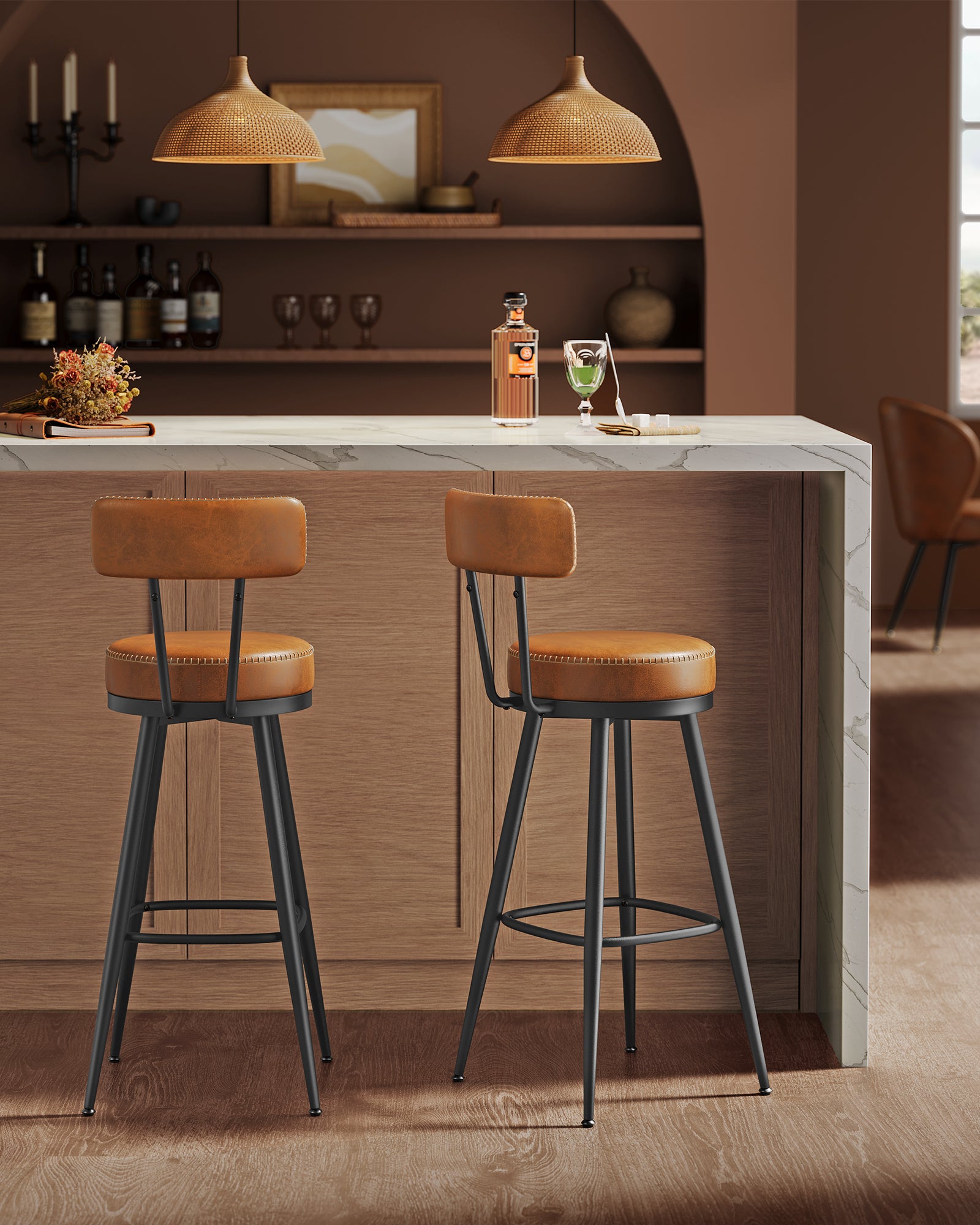 Tabouret de Bar, Lot de 4, Chaise de Cuisine, Siège Rembourré, PU avec Coutures, Style Moderne Mi-siècle, Hauteur 76 cm, Marron Caramel - 2