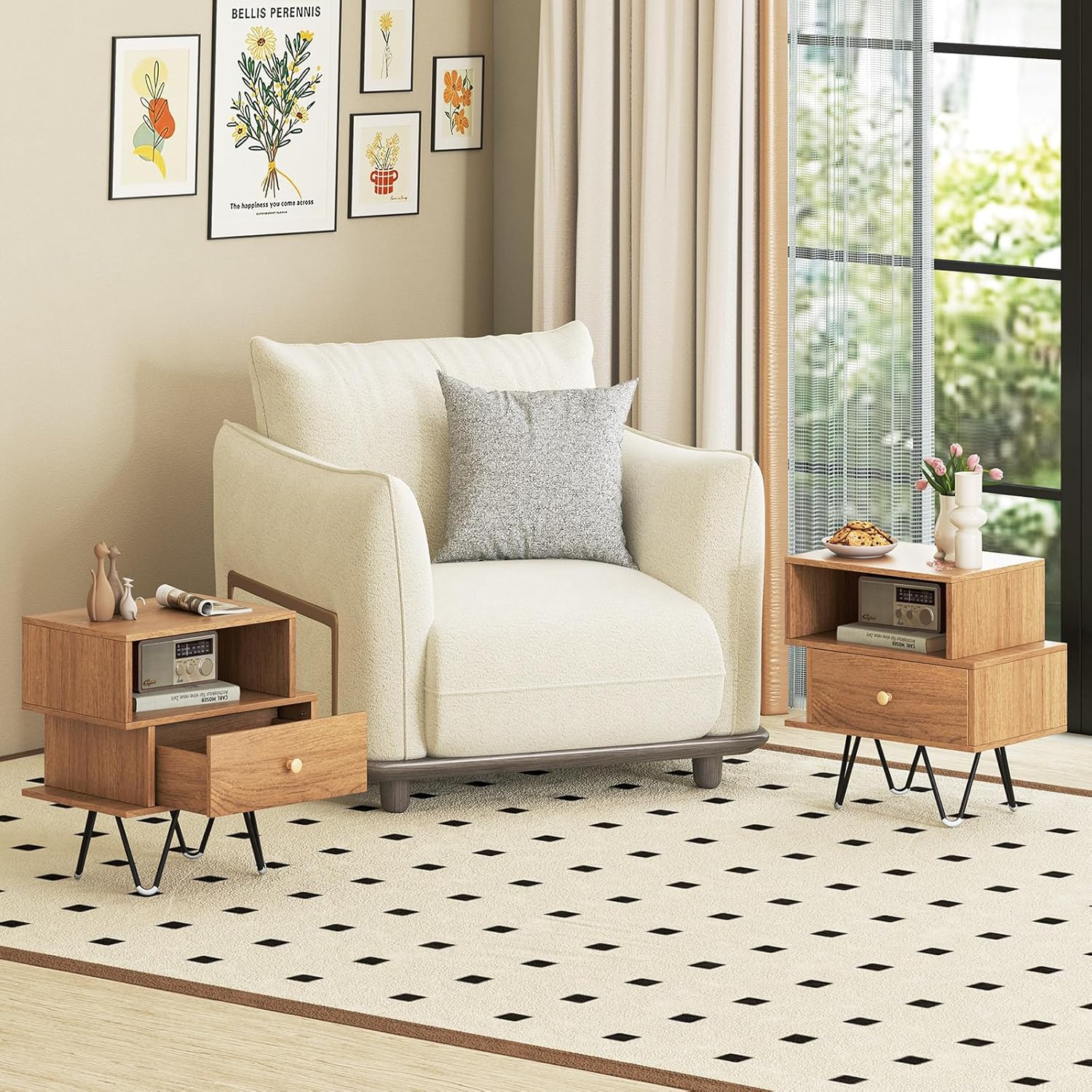 Table de Chevet Lot de 2 avec Tiroir, 4 Pieds en Métal Surélevés, Chevet de Lit Bois avec Compartiment, Design Irrégulier, Table de Nuit, Naturel - 9