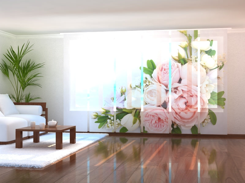 Cortinas de paneles correderos: set de 6 paneles japoneses 60x245 cm + kit de fijación a techo (riel y carros) - tejido semifiltrante.