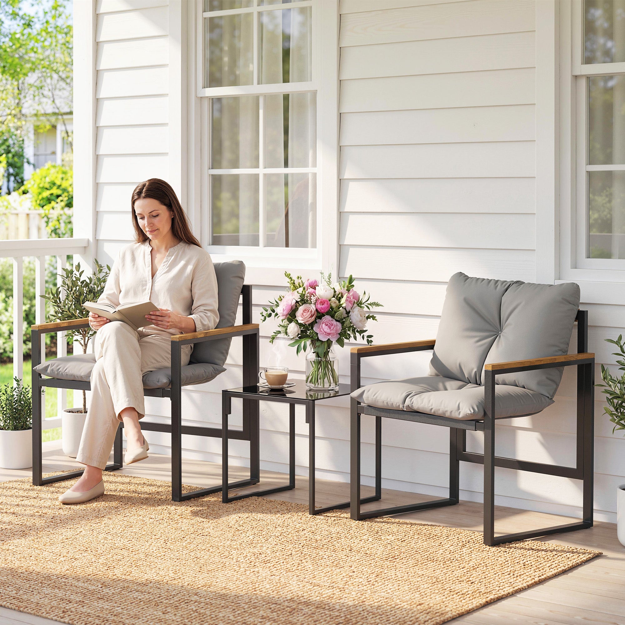 Ensemble table et chaises de jardin en métal pour 3 personnes avec coussins épais, multicolore - 3