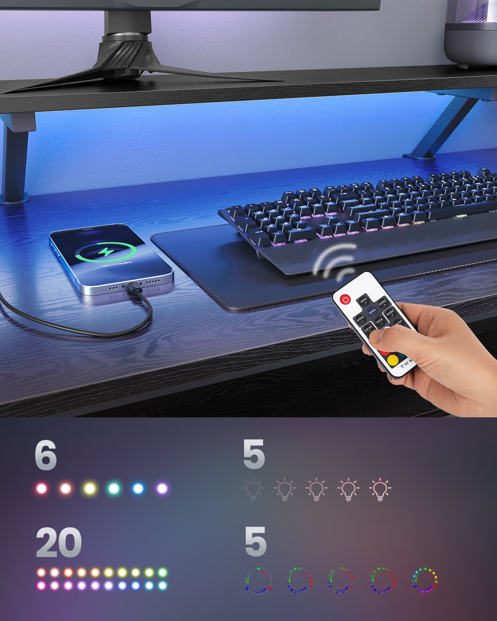 Bureau en L avec Multiprise, Bureau d'Angle, Bureau Informatique avec Rehausseur d’Écran, Bureau Gaming LED, 2 Tiroirs, 2 Ports USB, Noir Boisé - 3