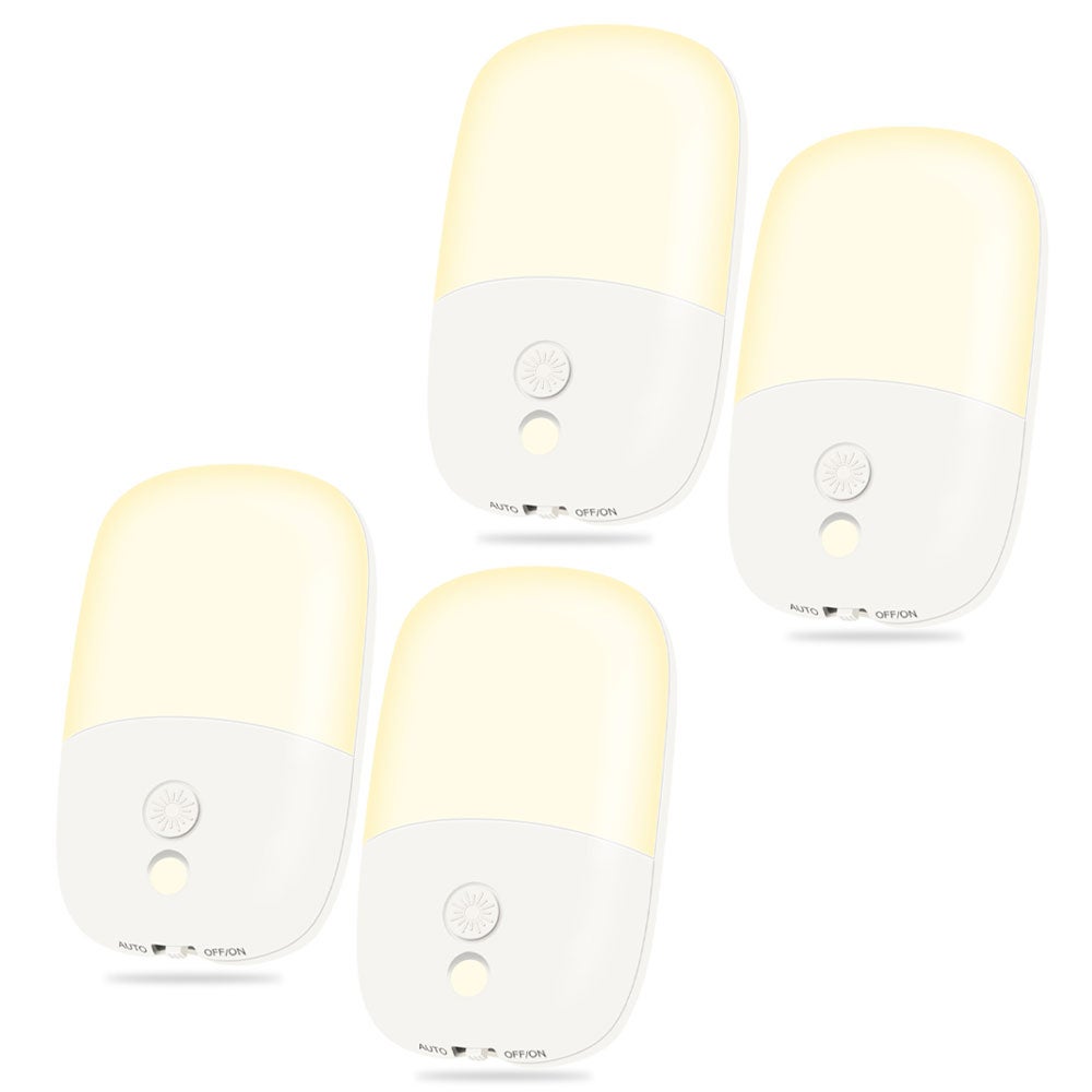 Lampki nocne LED, wtykowe, zestaw 4 sztuk, ściemnialne, z czujnikiem zmierzchu i świtu, chowana wtyczka, ciepłe światło.