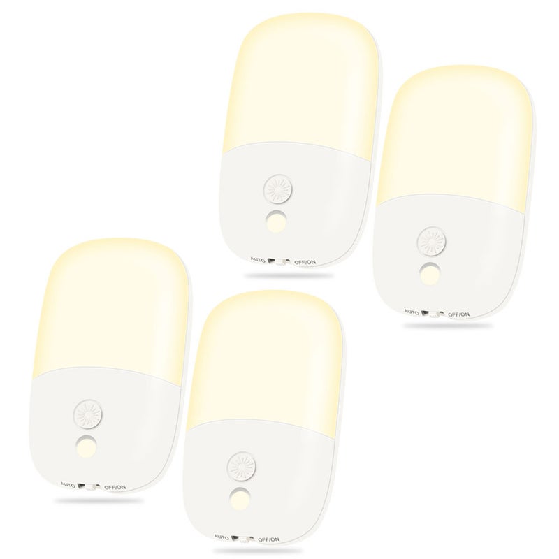 Lampki nocne LED, wtykowe, zestaw 4 sztuk, ściemnialne, z czujnikiem zmierzchu i świtu, chowana wtyczka, ciepłe światło.