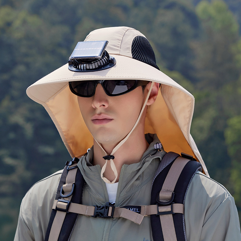 Kapelusz z wentylatorem solarnym, kapelusz przeciwsłoneczny z szerokim rondem i wentylatorem solarnym, ładowany przez USB, odpinany kapelusz wędkarski