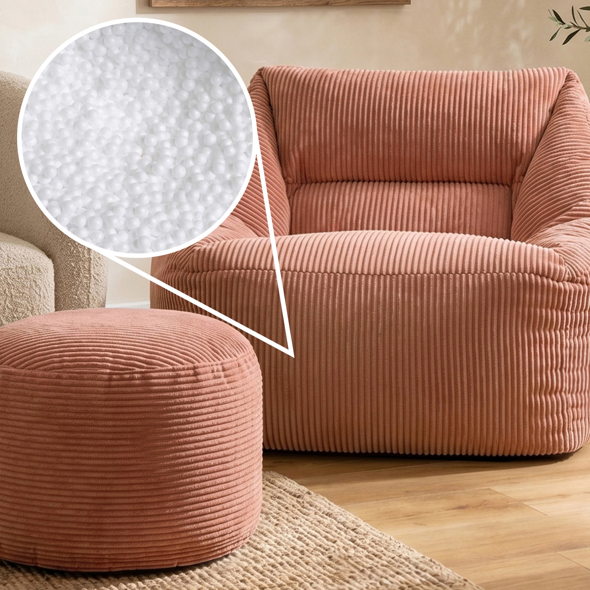 Pouf fauteuil salon avec repose-pied rond Icon velours côtelé rose aube 97x84cm Oeko-Tex® - 9