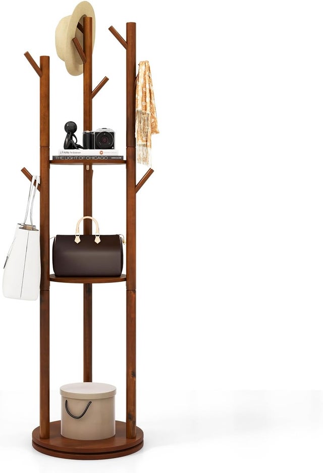 Porte Manteaux sur Pieds Rotatif en Bois, 9 Crochets, 3 Etagères, Portant à Vêtement 176CM pour Entrée, Couloir, Chambre, Base Ronde