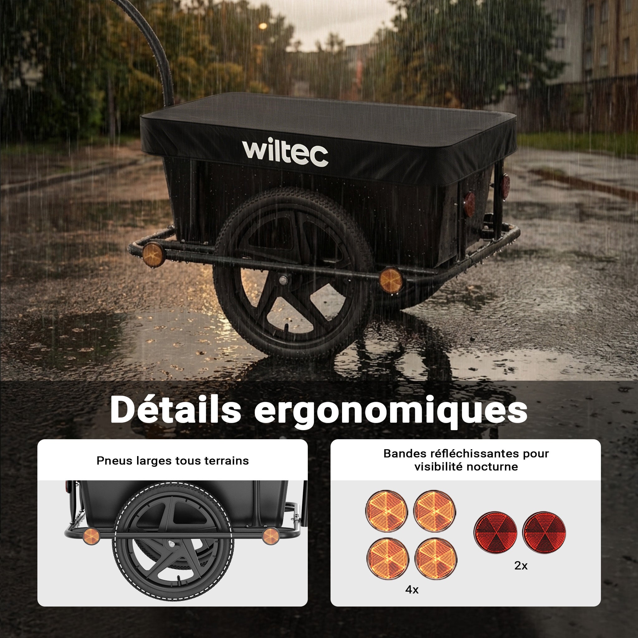 Remorque pour vélo 80 kg max., 1580 x 690 x 510 mm, Bac 90 l, Attelage rapide, Cadre protège-roue, Charrette à bras, Transport de charges… Wiltec - 5