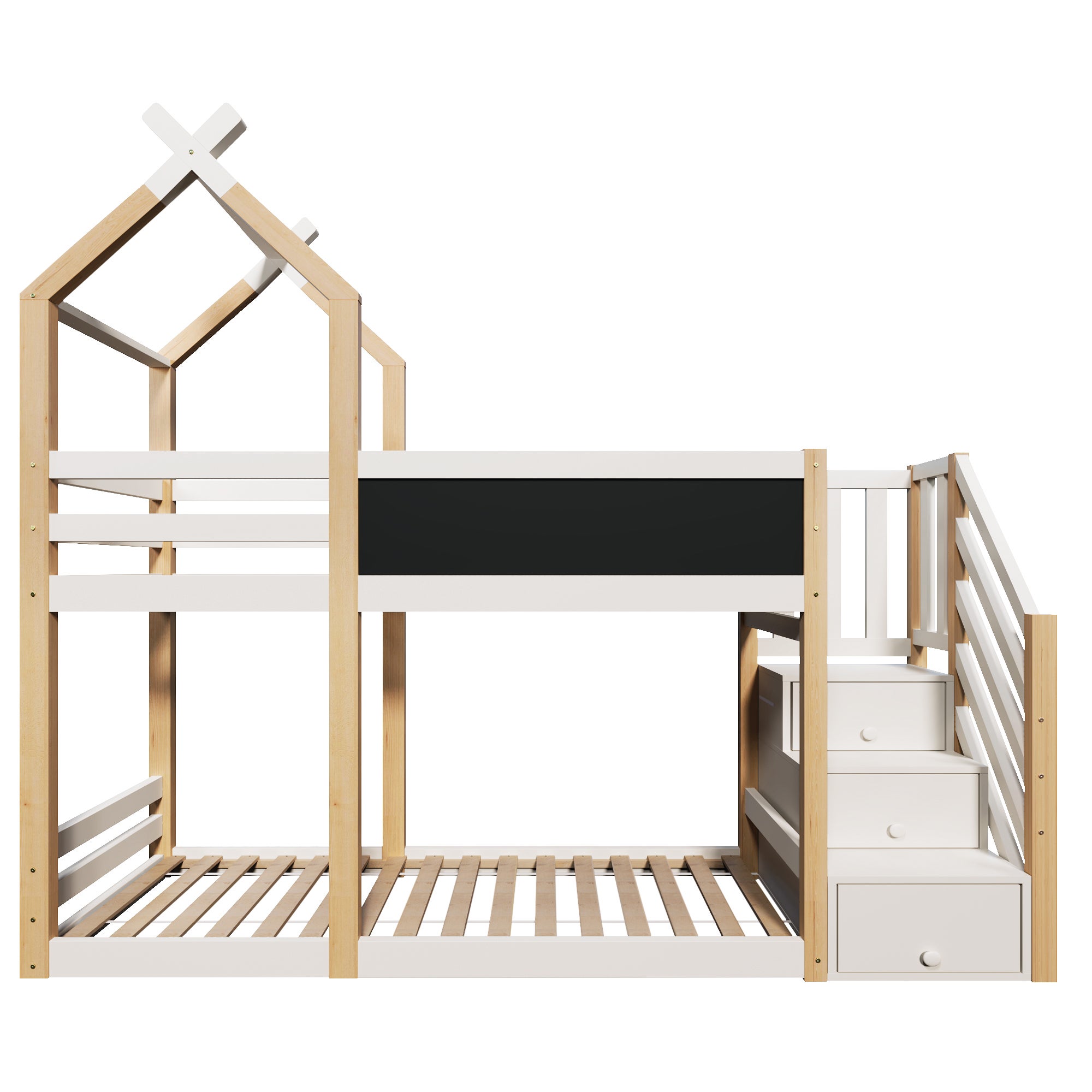 Lit superposé 90x200 cm – style cabane avec tableau noir, rangements et barrière de sécurité – naturel et blanc - 4