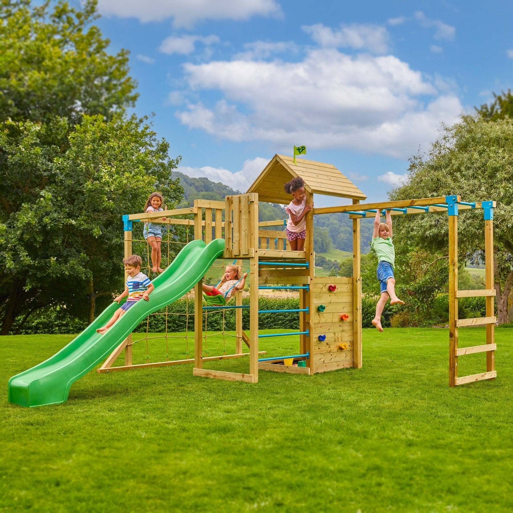 Aire de jeux XXL TILLEUL SKYWOOD double plateforme - filet à grimper - balançoire - bac a sable - toboggan - bois FSC® - 2