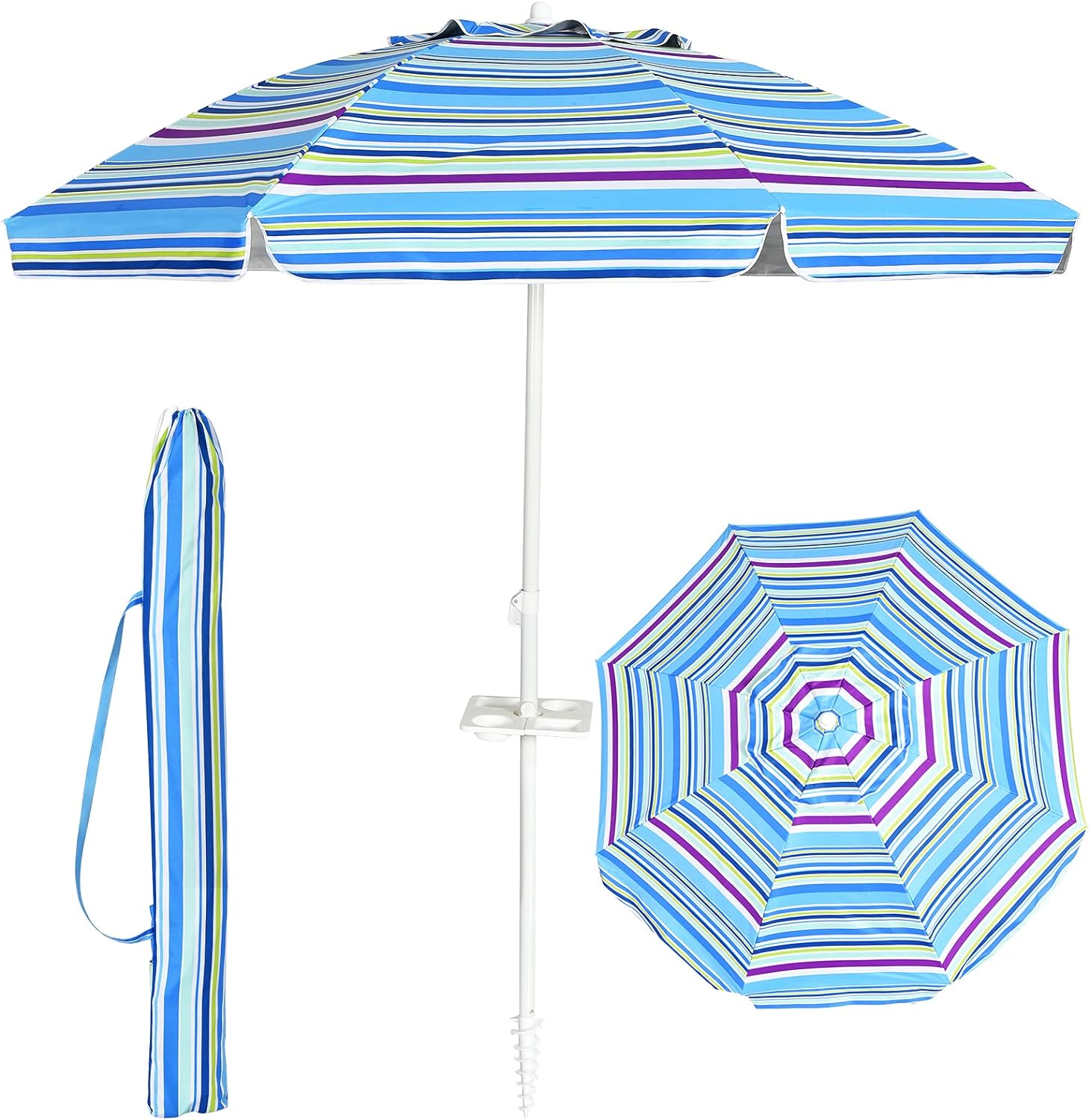 Parasol Plażowy D199xH173CM – Odchylana Głowica z Uchwytem na Kubek/Daszek/Torba/Odchylana Krawędź – 8 Żeber – Spiralna Końcówka – Jasnoniebieski