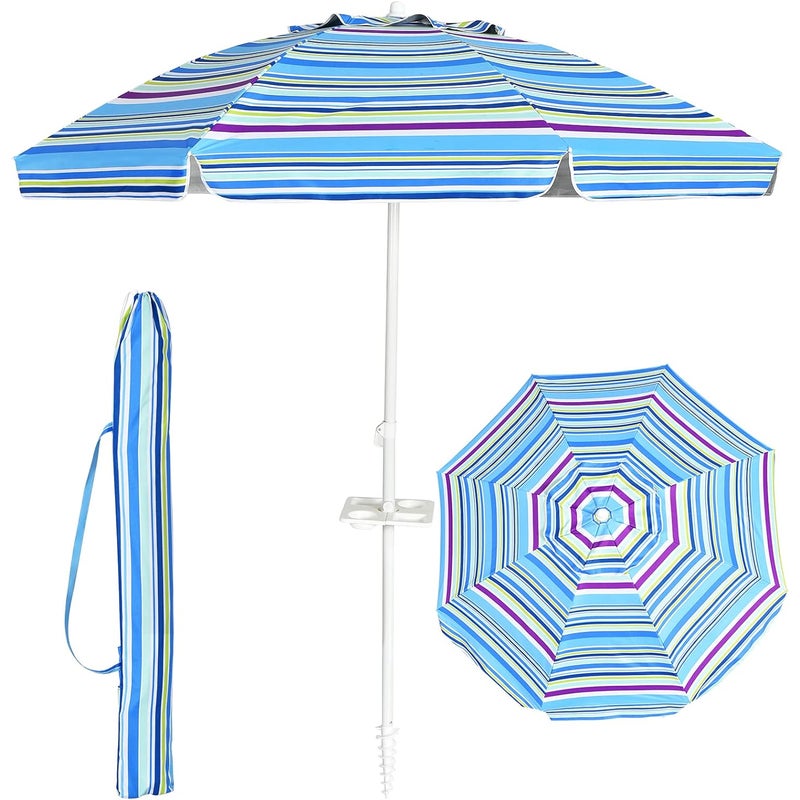 Parasol Plażowy D199xH173CM – Odchylana Głowica z Uchwytem na Kubek/Daszek/Torba/Odchylana Krawędź – 8 Żeber – Spiralna Końcówka – Jasnoniebieski