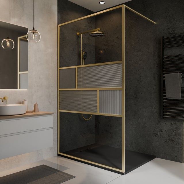 Paroi de douche à l'italienne verre rainuré or mat, l. 120 cm x H. 200 cm, SCHULTE, anticalcaire, Walk In réversible, verre 6 mm, Carvella