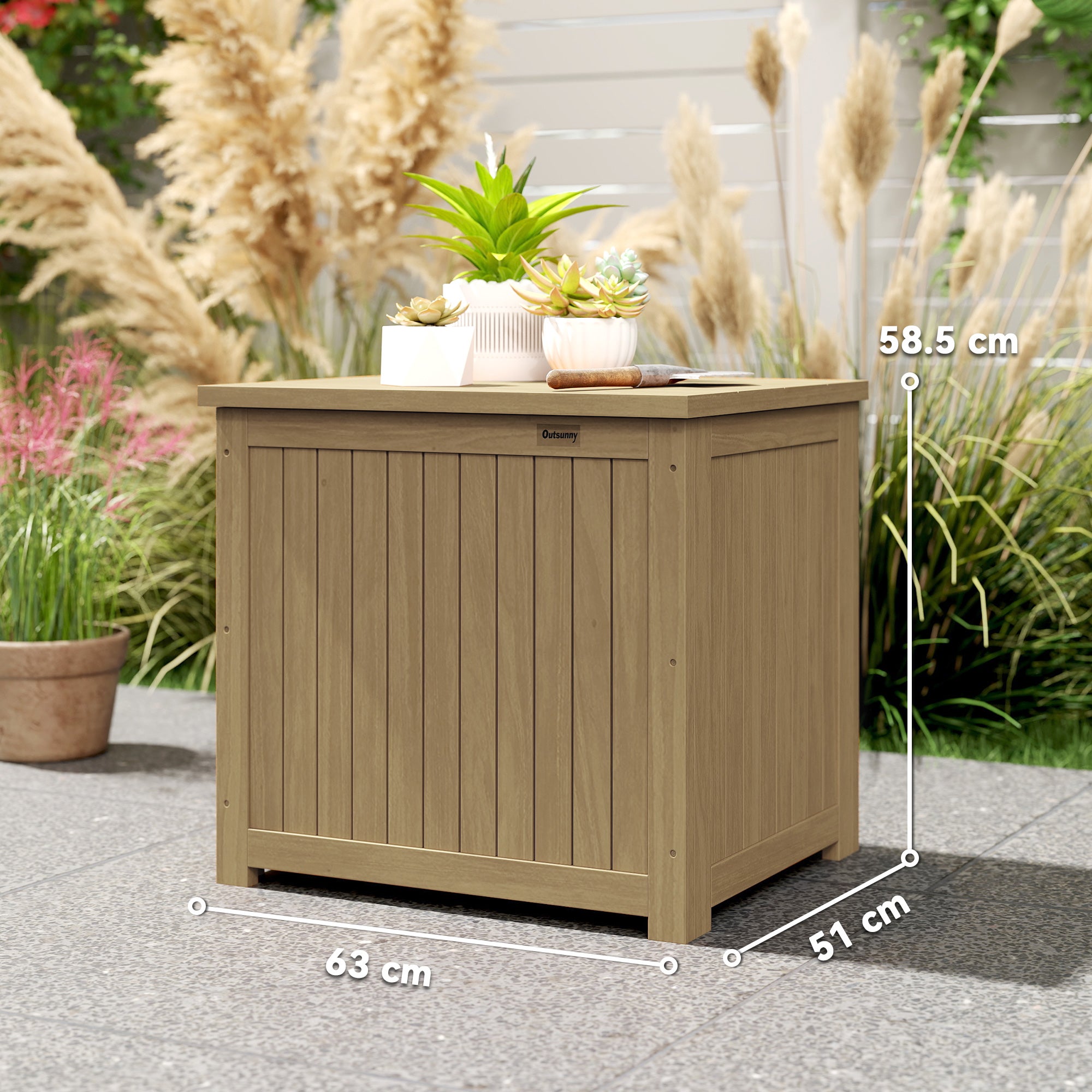 Coffre de rangement extérieur 130 L avec couvercle, charnières et sangle, en bois, 63 x 51 x 58,5 cm, marron - 5