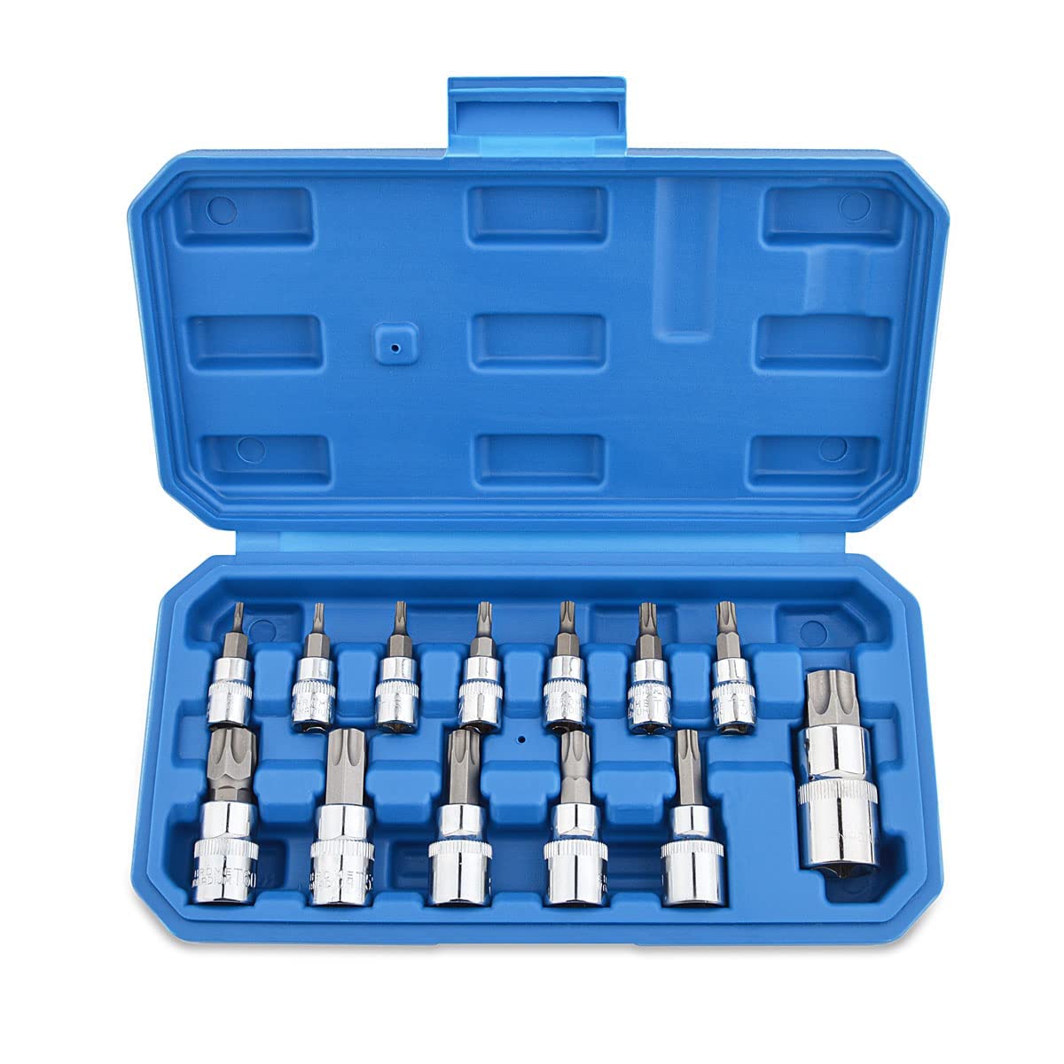 13-częściowy zestaw nasadek Torx, końcówek wkrętakowych żeńskich T8 - T70 ze stali chromowo-wanadowej 1/4", 3/8" i 1/2" z pudełkiem do przechowywania