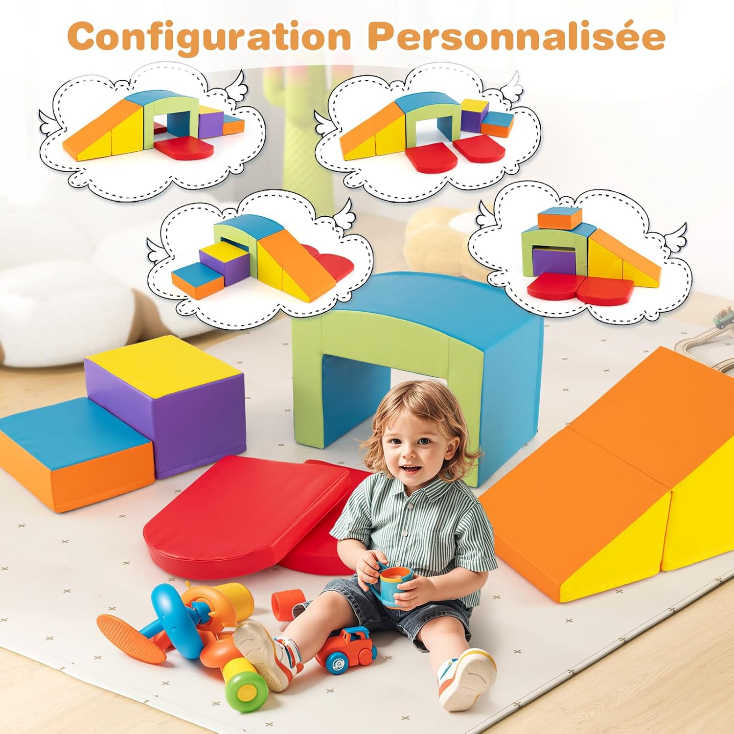 7 PCS Parcours de Motricité Bébé, Module Motricité en Mousse PU avec Remplissage en EPE,pour Enfants 12 Mois+ (Multicolore) - 7