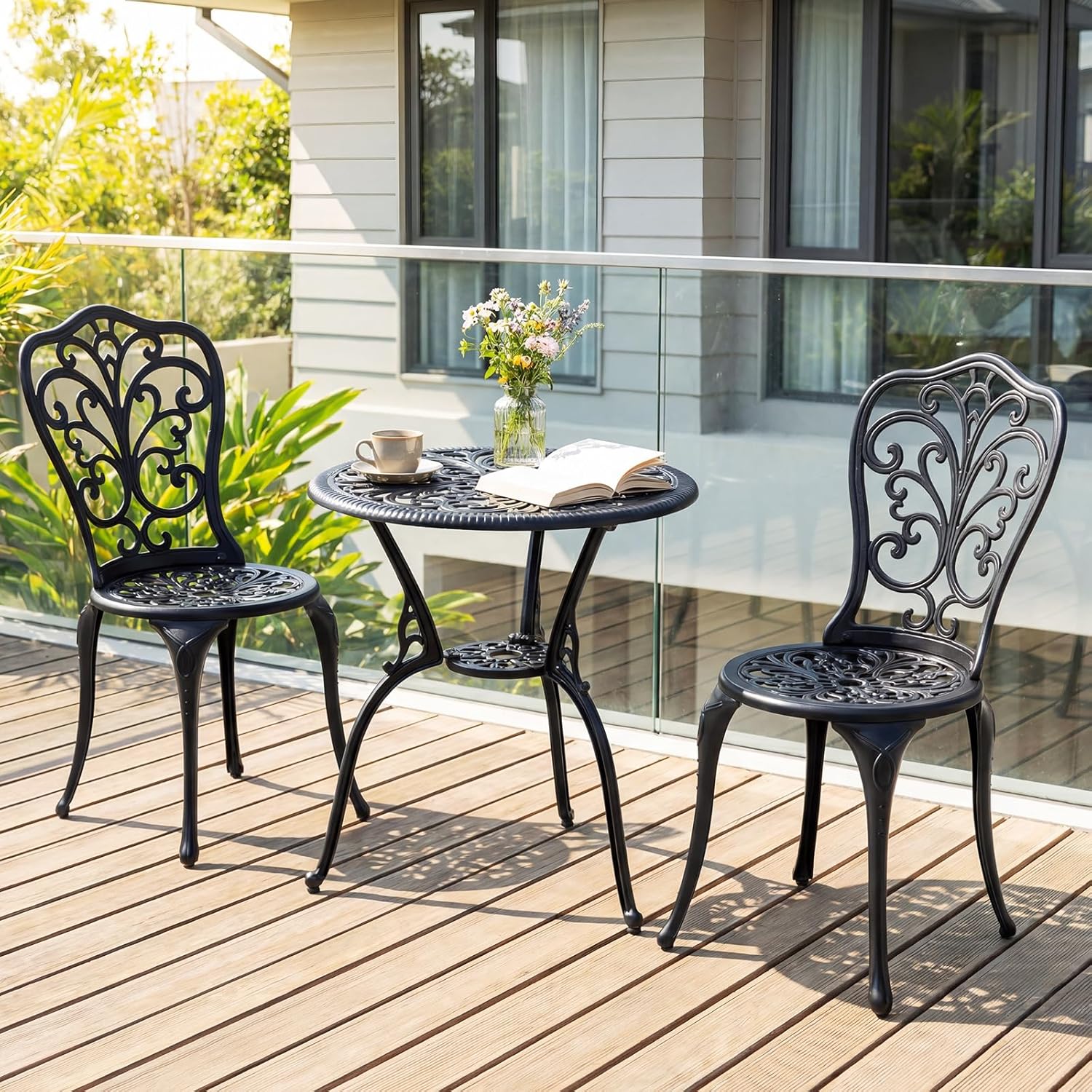 GIANTEX Sala Jardim 3Pcs em Alumínio Fundido, Conjunto Bistrô 2 Cadeiras e 1 Mesa Redonda,com Furo Guarda-sol, para Varanda Terraço Jardim, Preto - 9