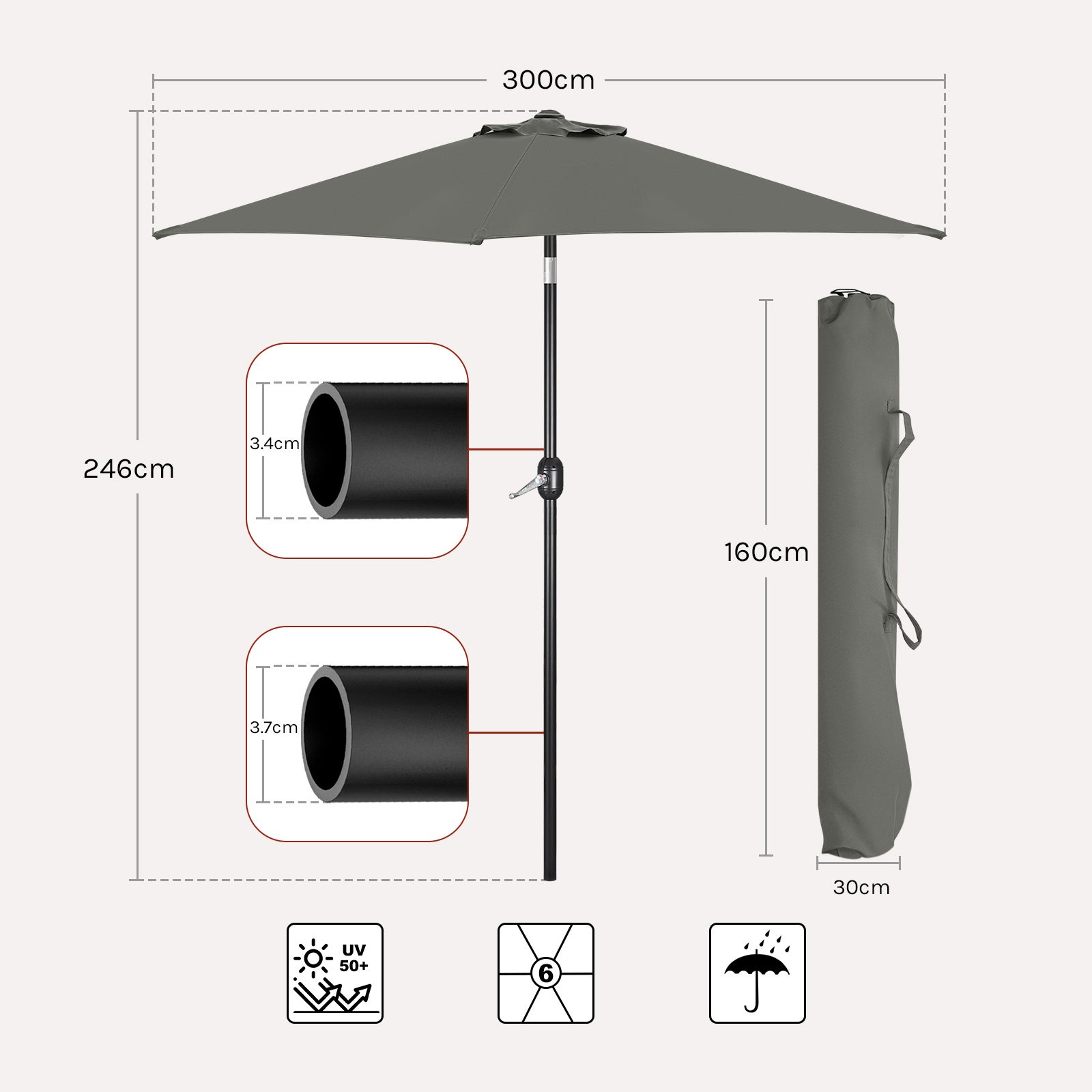 WOLTU Parasol de Jardin, 300cm, Parasol Inclinable avec Manivelle, pour Jardin/Balcon/Terrasse/Plage/Marché, Tissu Anti-UV 180g/m², Gris Foncé - 4