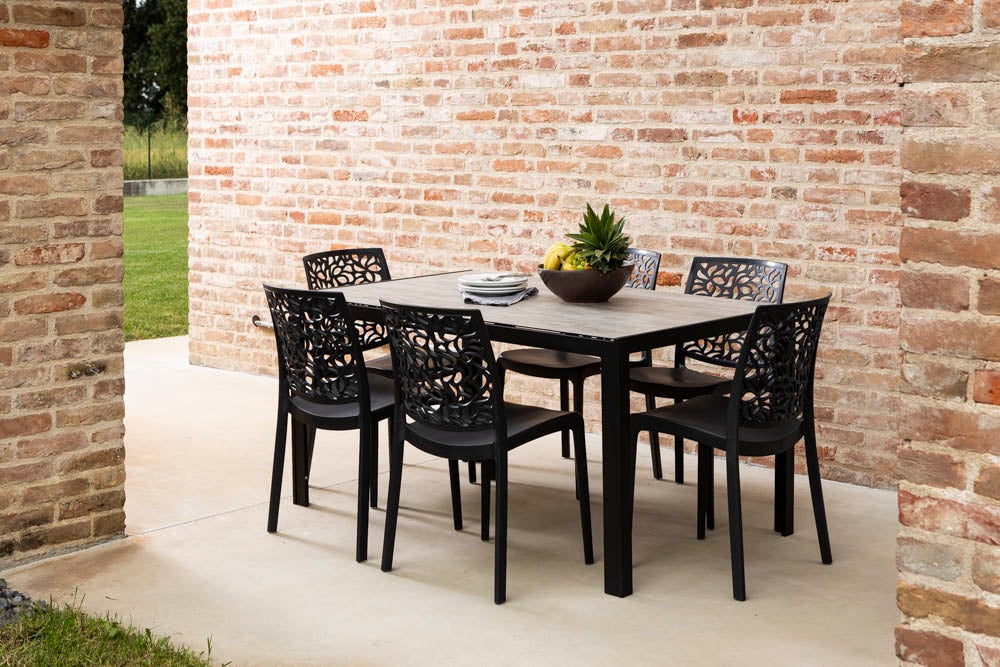 Mesa rectangular fija de 150x90 cm con estructura de aluminio y superficie de vidrio decorado Milo para interior/exterior gris piedra/antracita - 4