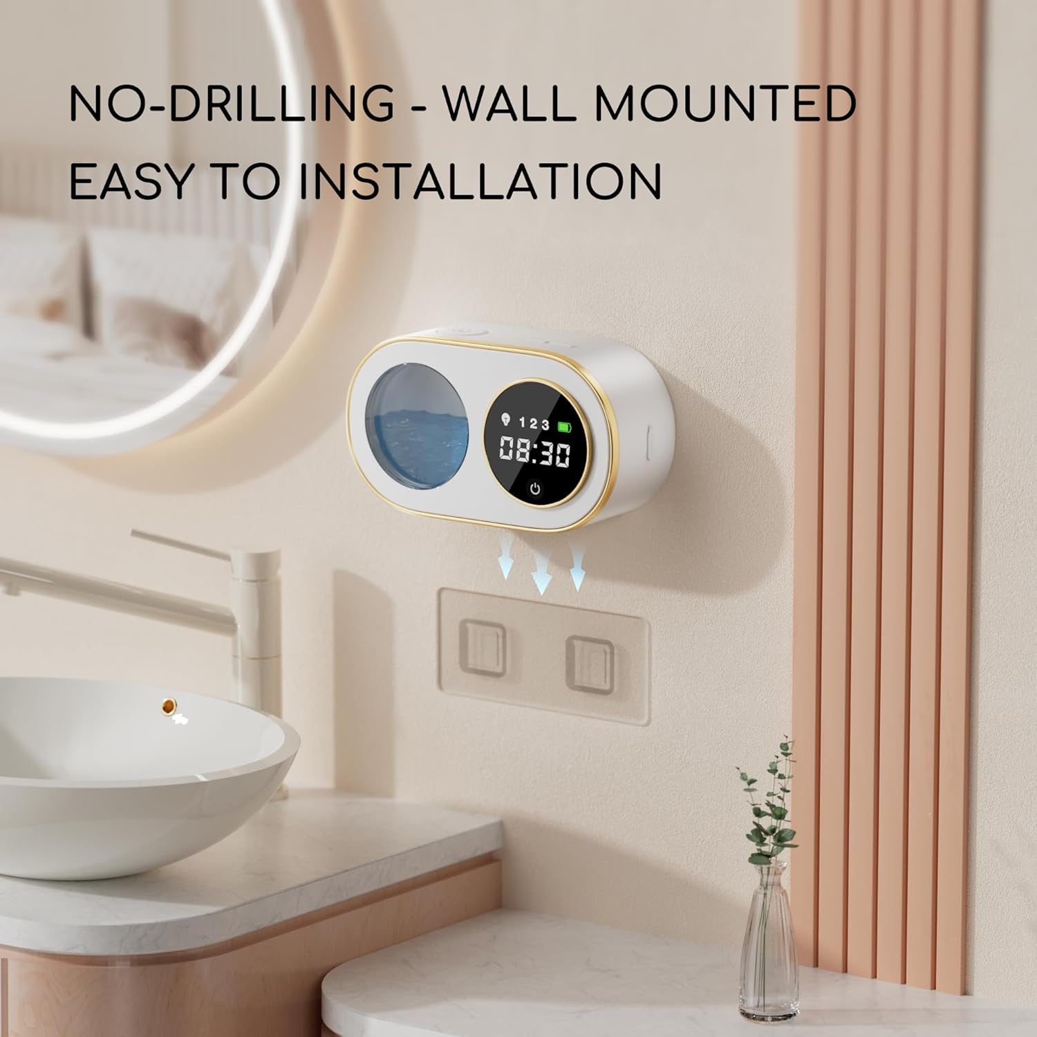 Distributeur de savon automatique blanc sans contact, affichage de l'heure LED HD, distributeur de savon en mousse mural rechargeable, salle de bains - 4