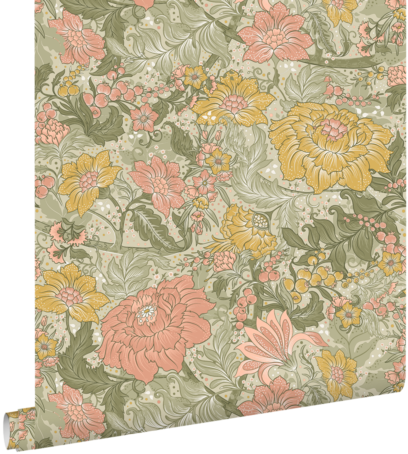 Papel pintado flores vintage verde grisáceo, rosa y amarillo ocre - 50 x 900 cm - estahome