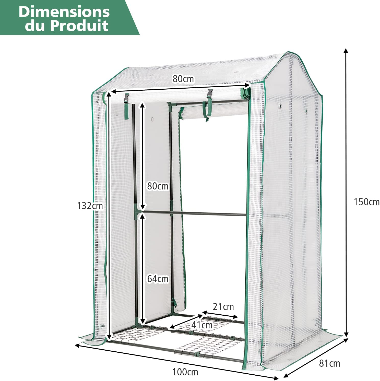 Serre de Jardin Portable-100 cm x 81 cm x 150 cm-2 Portes à Enroulement-4 Grilles - 5