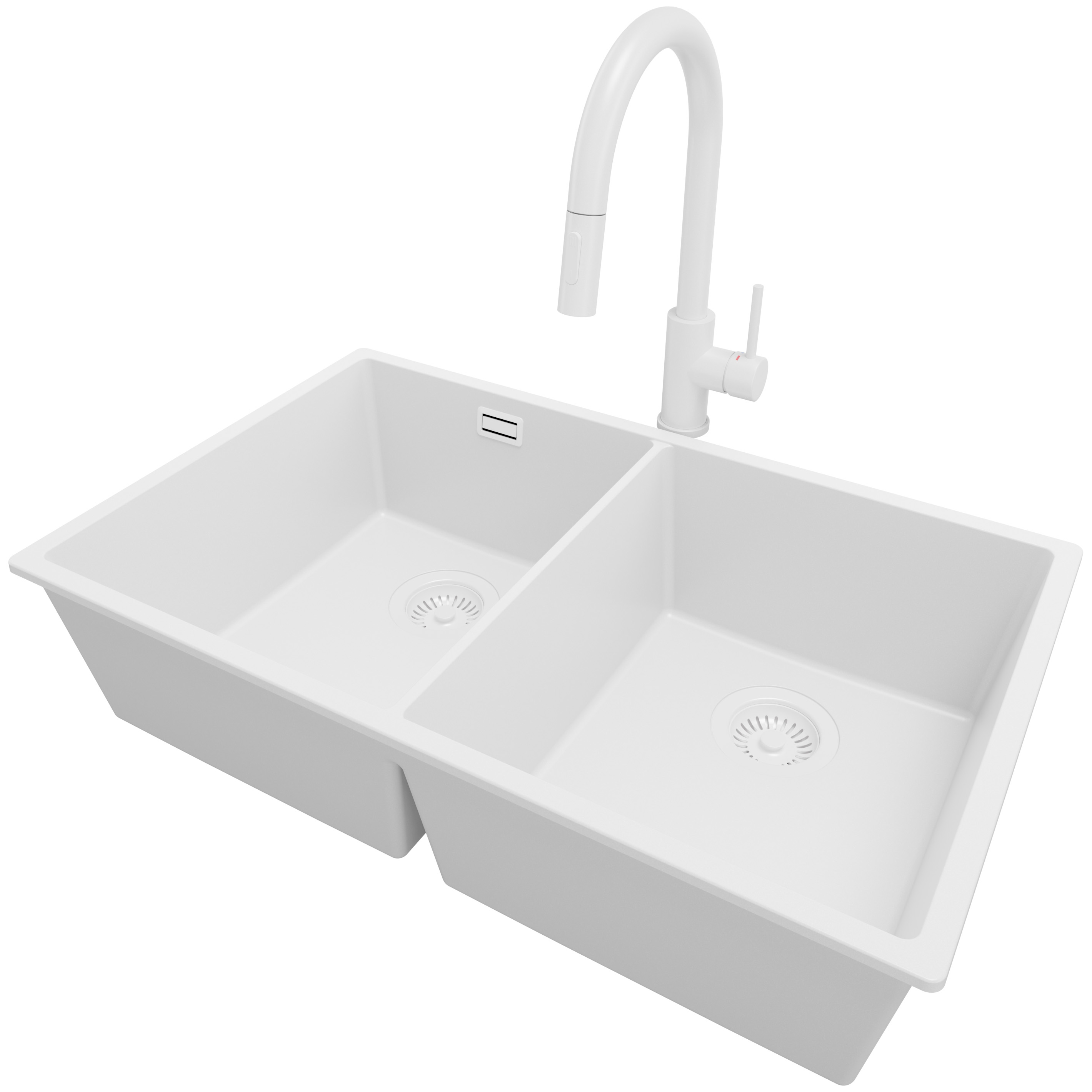 Zlewozmywak podblatowy Cały Biały 76x47cm, Zlew Kuchenny 2 Komorowy + Bateria 40x20cm + Syfon, do szafki od 80cm - Londyn Twin PRIMAGRAN