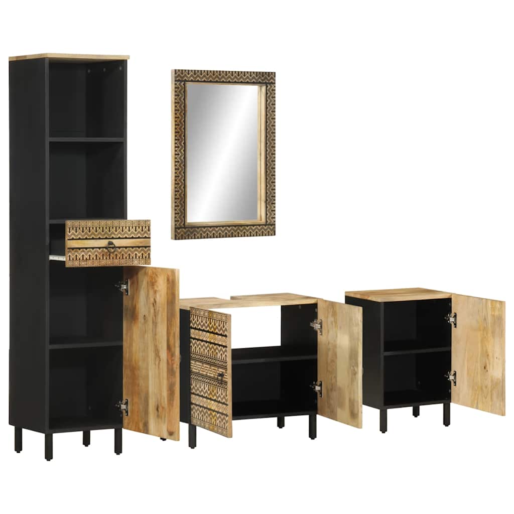 Ensemble Meubles Salle De Bain MINIO 4 Pièces - Armoires, Miroir Avec étagère, Lavabo, Couleur Châtaignier/noir