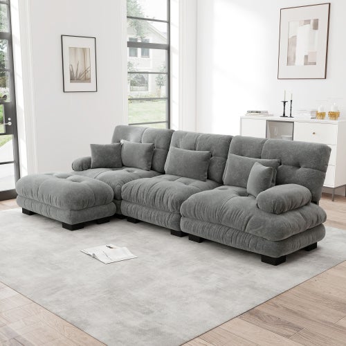 Canapé d'angle, canapé en U pour salon à 3 place avec pouf amovible, en tissu, gris - 3