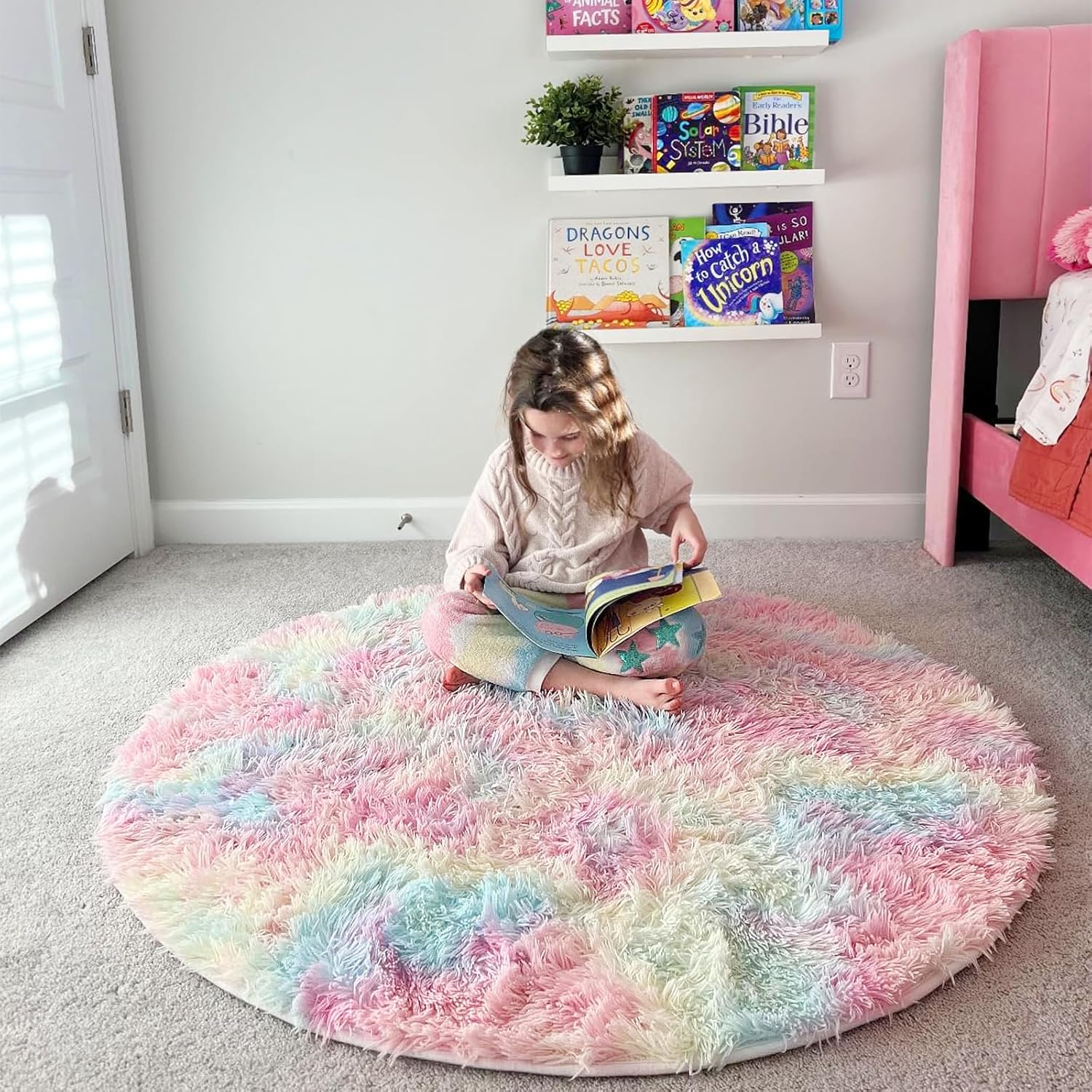 Tapis rond arc-en-ciel moelleux pour chambre de , doux et moelleux pour chambre de bébé ou salle de jeux, 1,2 m - 5
