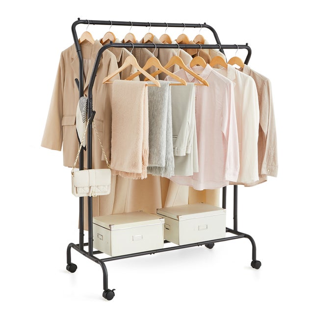 Portant à Vêtements avec Roulettes, Double Barre, en Acier, Charge 100 kg, Largeur de 103,5 cm, Rangement Polyvalent