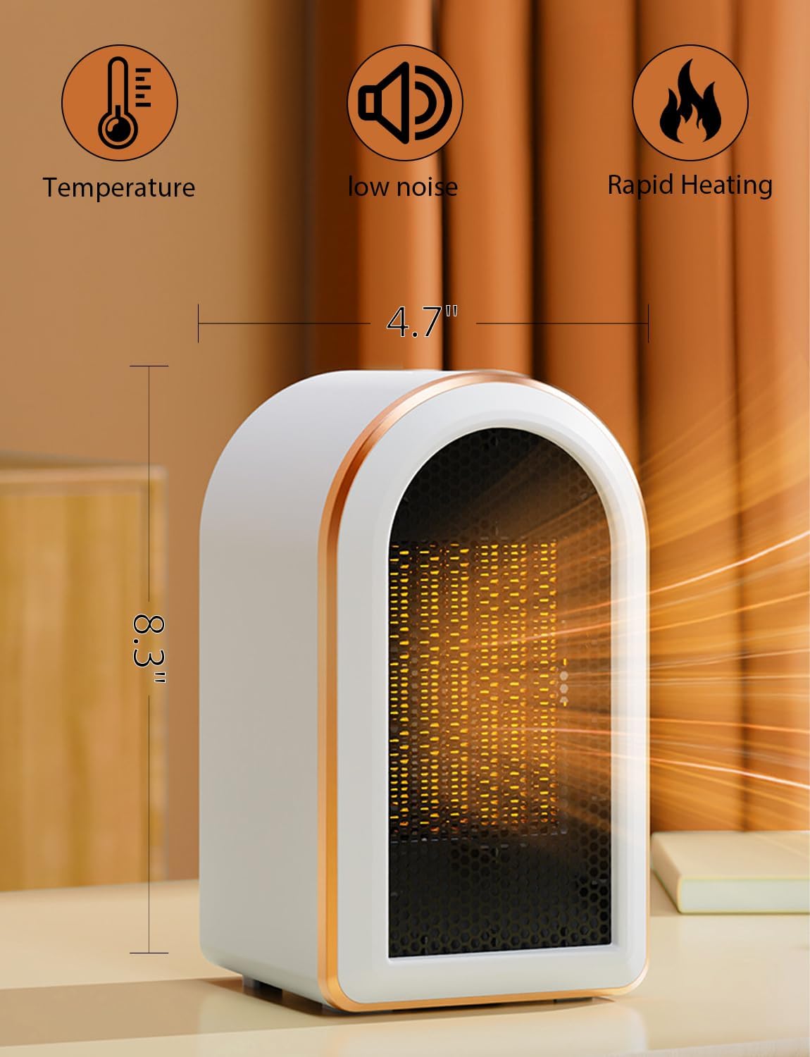 Cichy grzejnik elektryczny z zabezpieczeniem przed przegrzaniem i przewróceniem, ceramiczny grzejnik PTC do biura, sypialni, biały - 2