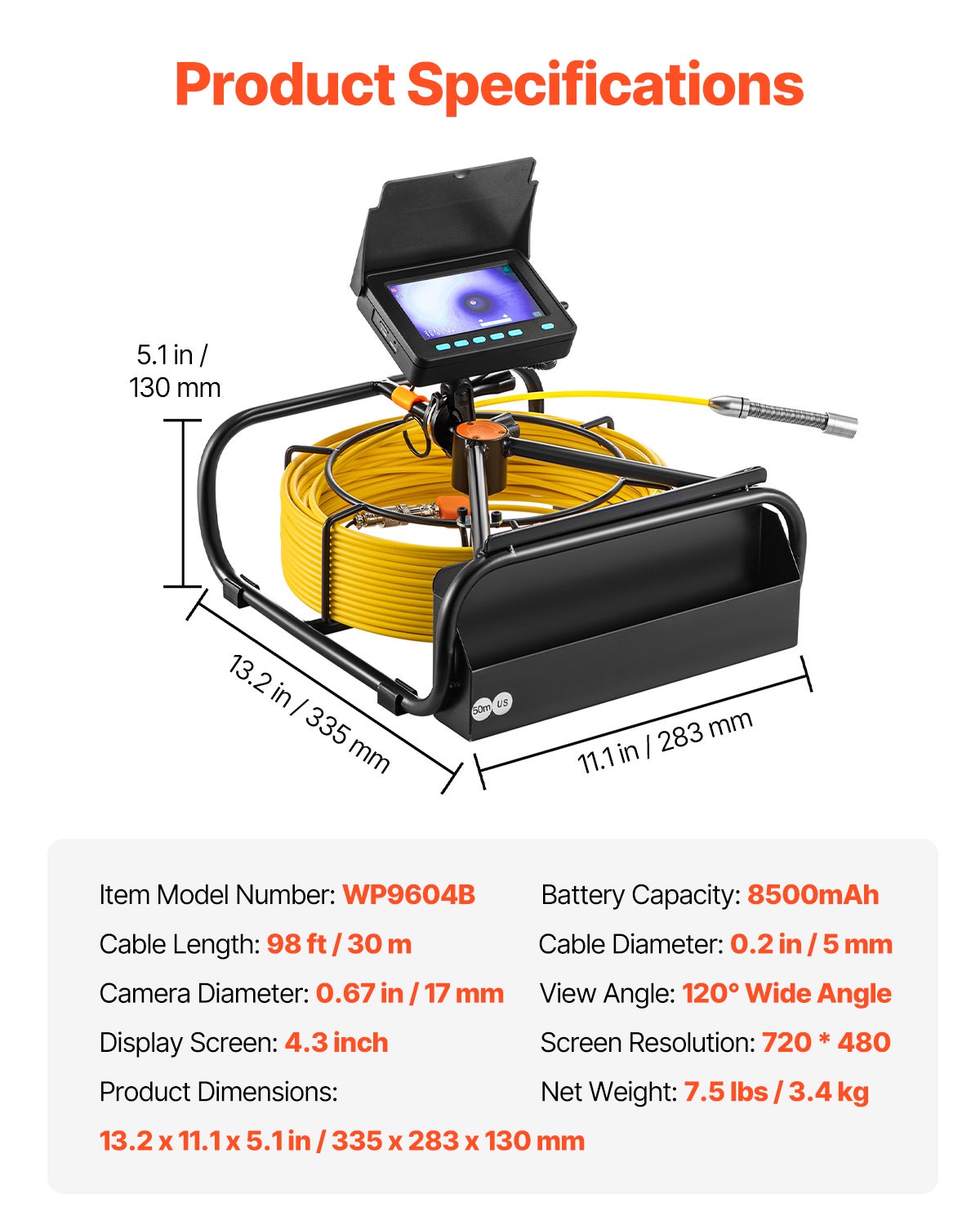 Telecamera di Ispezione VEVOR 30 m,Endoscopio 4,3'' con 6 Luci LED Regolabili,Scheda SD 16 GB,Zoom 3X,Video,Impermeabile IP68,Tubature,Casa - 7