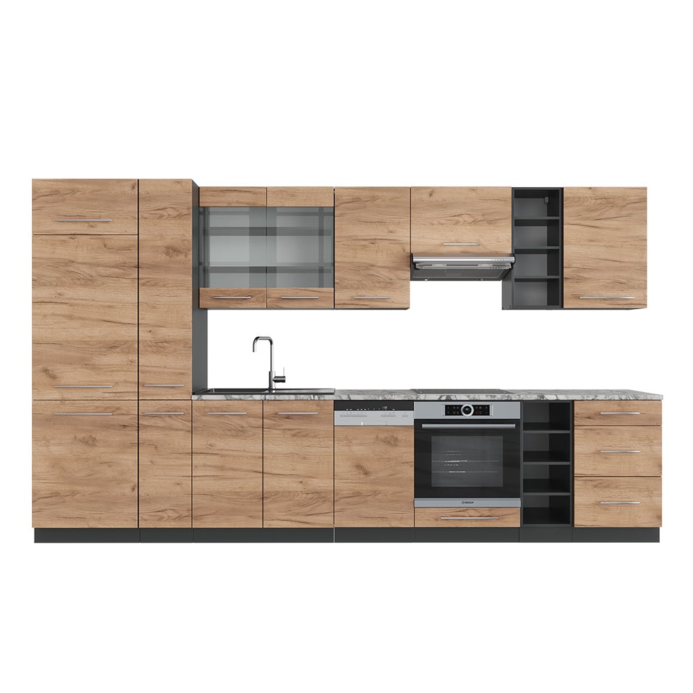 Cuisine Fame-Line Vicco 355cm Style Rustique - Meubles Chêne Anthracite Or (neuf)