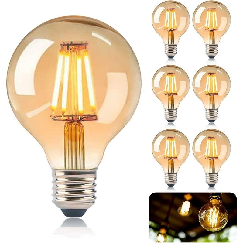 Żarówki retro Edison E27, zestaw 6 sztuk (bez możliwości ściemniania), żarówki LED Edison E27 G80 4W, żarówki retro Edison z żarnikiem