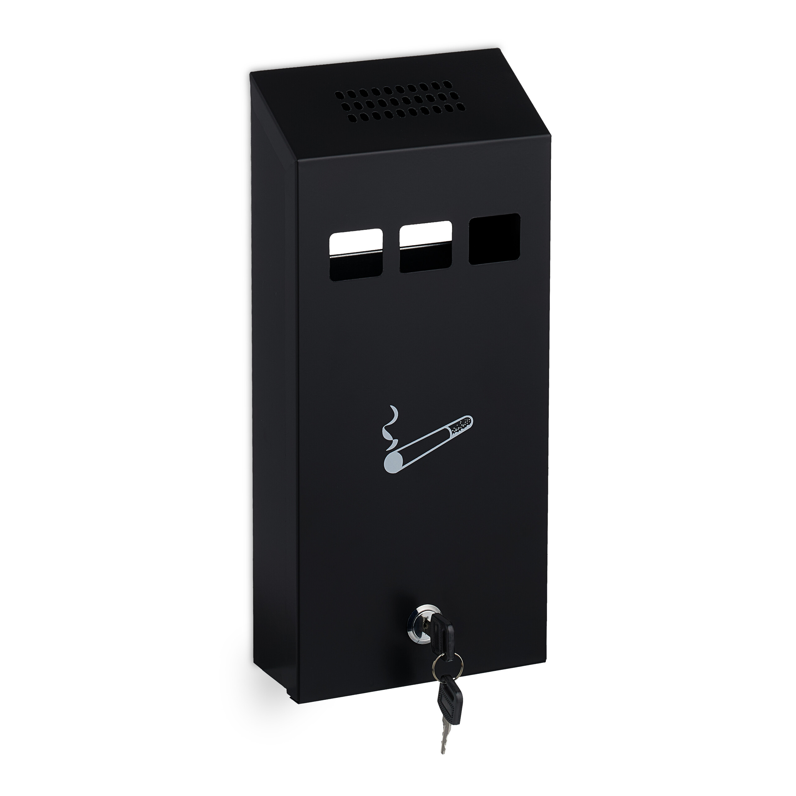 Relaxdays cenicero de pared para exteriores, con cerradura, de metal, montaje mural, medidas: 32,5 x 15 x 6 cm, negro