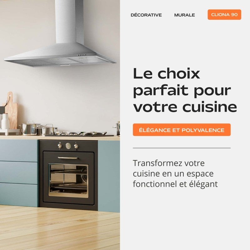 Hotte de Cuisine Décorative Inox 90cm - Pyramide 338 m3/h - Evacuation ou Recyclage - 3