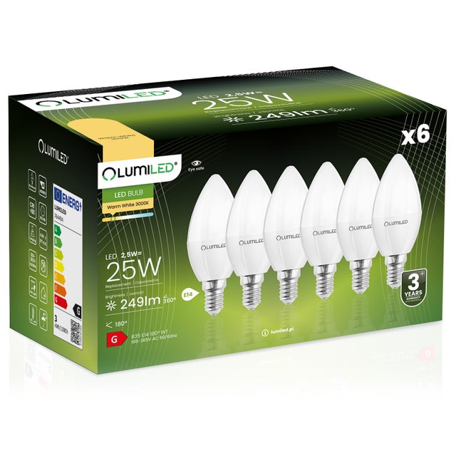 6x Żarówka Lumiled LED E14 Świeczka B35 2,5W = 25W 249lm 3000K Ciepła 180st