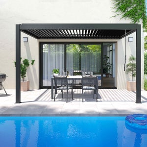 Pergola bioclimatique adossée gris 3x4m et 3 stores ( 2 stores 2,66 x 2,34 m et 1 store 3,73 x 2,34 m ) Oia- Oviala
