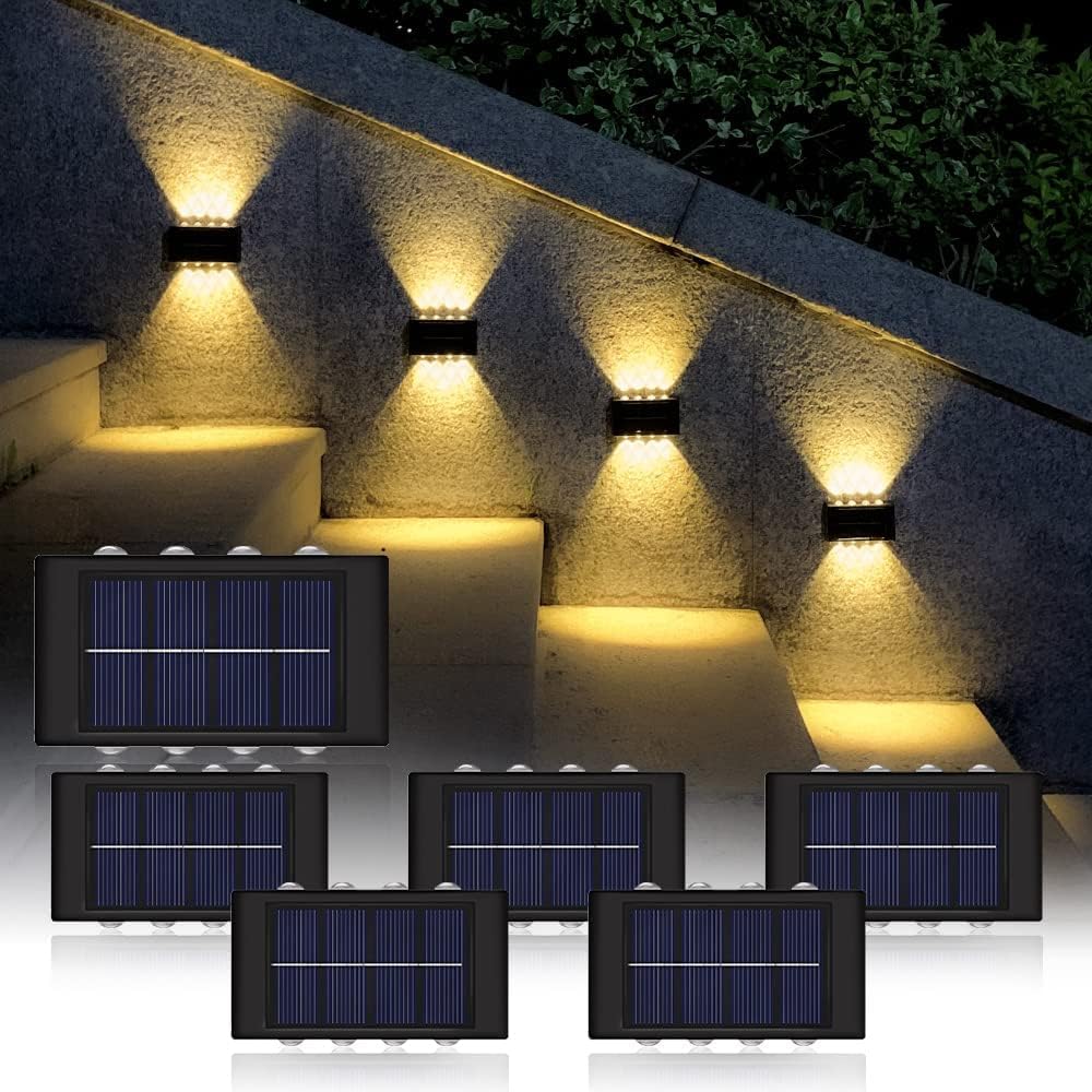 Solarne lampy ścienne 8LED, wodoodporne zewnętrzne oświetlenie solarne na taras, ogród, garaż, taras przy basenie - światło ciepłe 3000K (6 szt.)