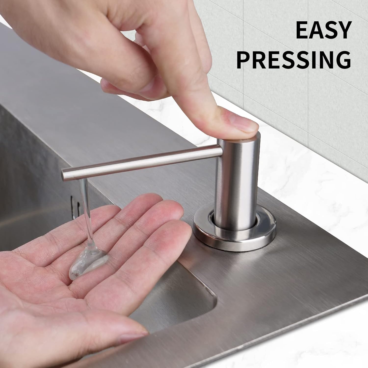 Distributeur de savon encastrable pour cuisine et salle de bain avec pompe en acier inoxydable, remplissage par le haut, argent - 3
