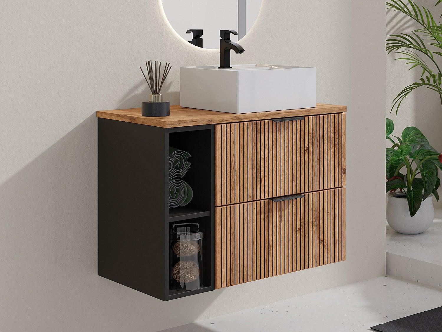 Szafka łazienkowa wisząca ryflowana z wnękami i kwadratową umywalką nablatową - Naturalny jasny - szer. 80 cm - MADELA