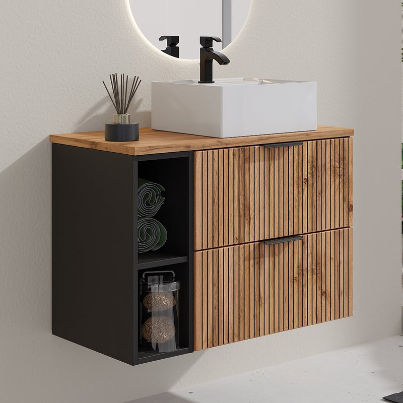 Szafka łazienkowa wisząca ryflowana z wnękami i kwadratową umywalką nablatową - Naturalny jasny - szer. 80 cm - MADELA