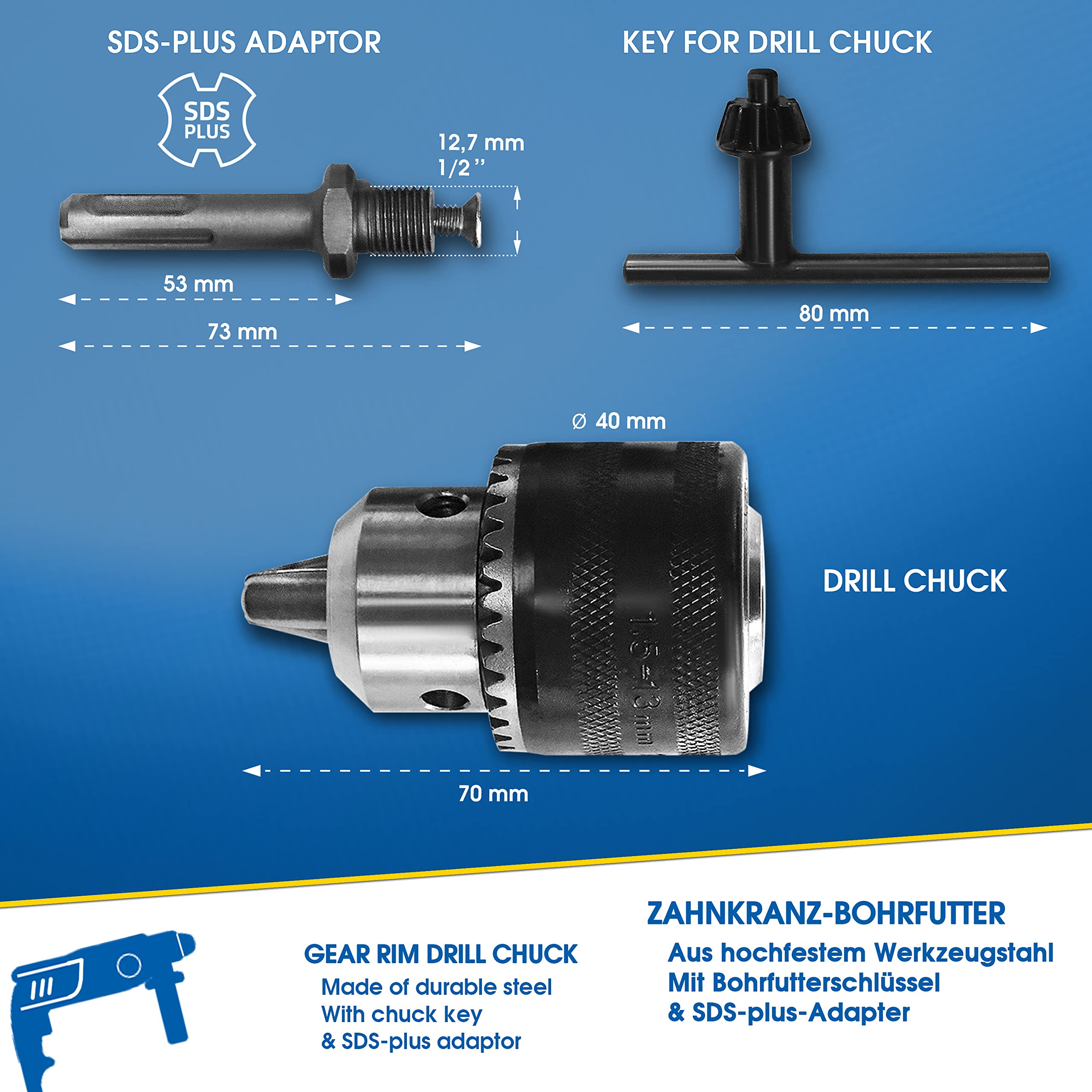 Adaptateur SDS-Plus Mandrin Perceuse 13 mm 1/2-20 UNF avec et Clé de Serrage - 2