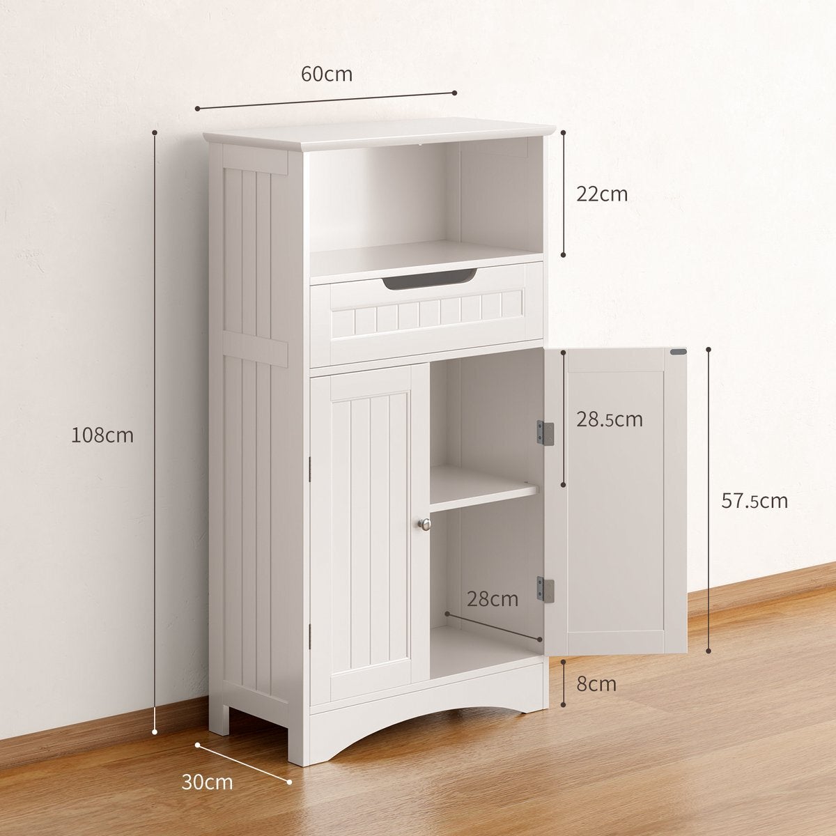 Mobile Bagno Mobile Basso con Piedini 4 Ripiani 2 Ante 1 Ripiano Regolabile 1 Cassetto Bealife - 3