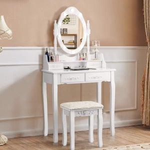 Toeletta da trucco con sgabello per bambini, Set da gioco da principessa con 3 specchi rimovibili 4 contenitori 2 Colori