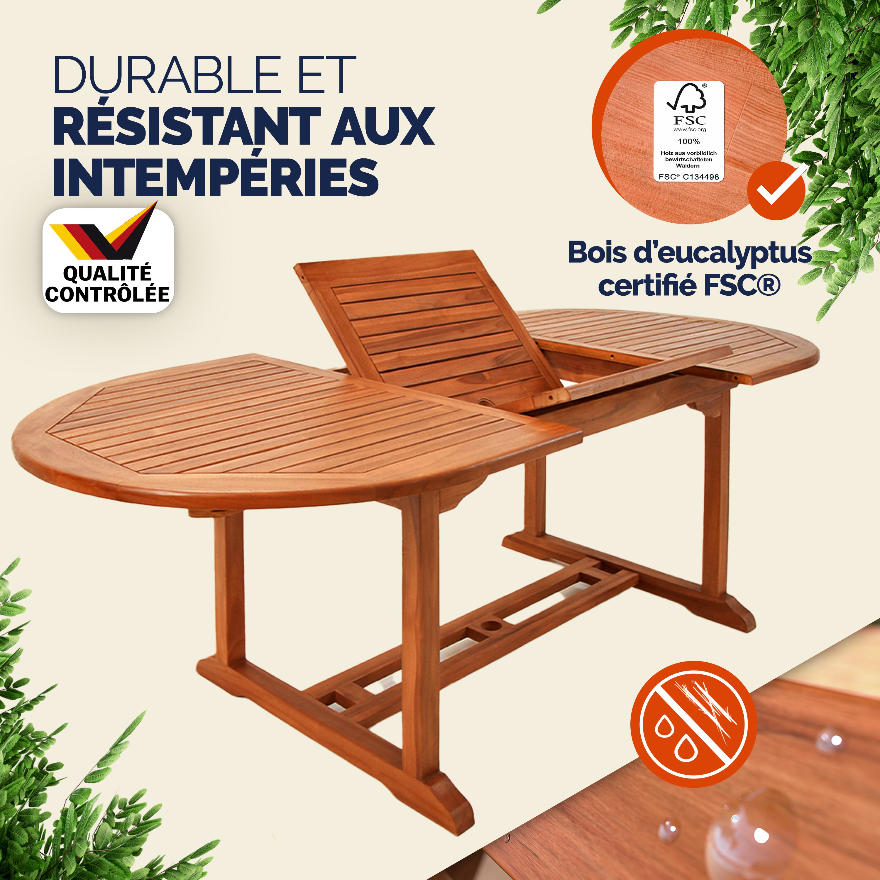 CASARIA® Table De Jardin Extensible Type Papillon 150-200 cm - Trou pour parasol - Salon de jardin bois - 200 x 100 x 74 cm - Pour 6 à 8 Personnes - 4